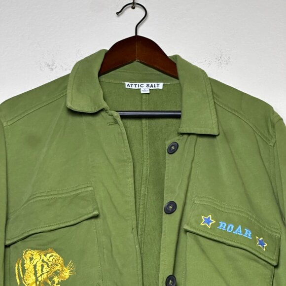 Attic Salt Military Graphic Jacket Army L Punch Today In The Face Green - Picture 2 of 14